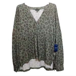 Lucky Brand Green Leopard Print Button Front Relaxed Blouse Women Size Medium M
